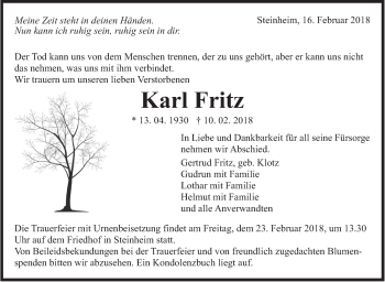 Traueranzeige von Karl Fritz von Marbacher Zeitung