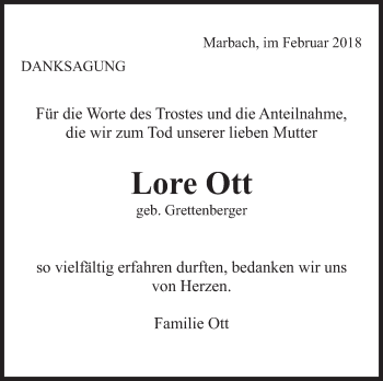 Traueranzeige von Lore Ott von Marbacher Zeitung