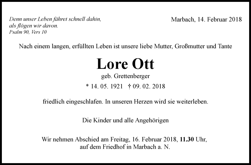  Traueranzeige für Lore Ott vom 14.02.2018 aus Marbacher Zeitung
