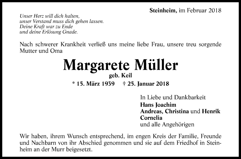  Traueranzeige für Margarete Müller vom 03.02.2018 aus Marbacher Zeitung