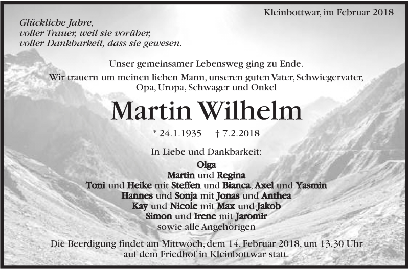  Traueranzeige für Martin Wilhelm vom 09.02.2018 aus Marbacher Zeitung
