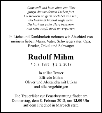 Traueranzeige von Rudolf Mihm von Marbacher Zeitung