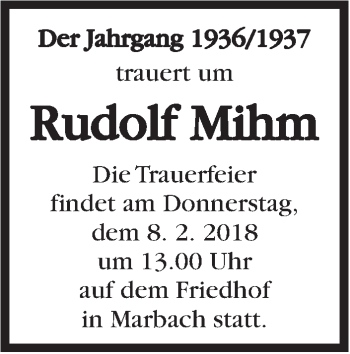 Traueranzeige von Rudolf Mihm von Marbacher Zeitung
