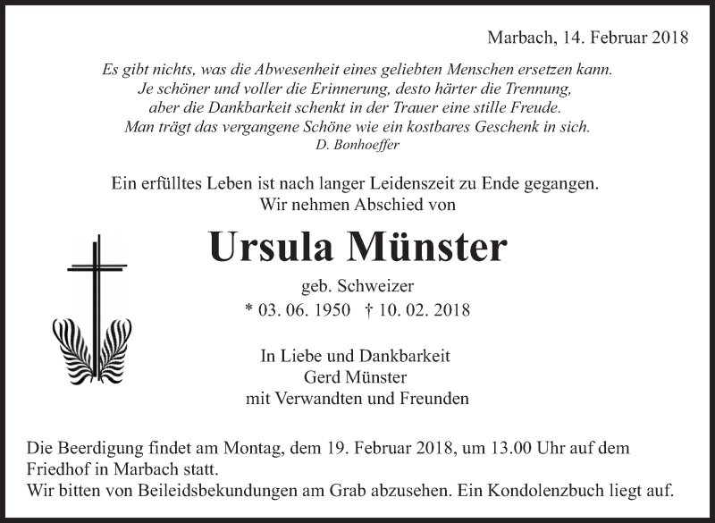  Traueranzeige für Ursula Münster vom 14.02.2018 aus Marbacher Zeitung