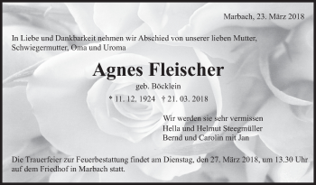 Traueranzeige von Agnes Fleischer von Marbacher Zeitung