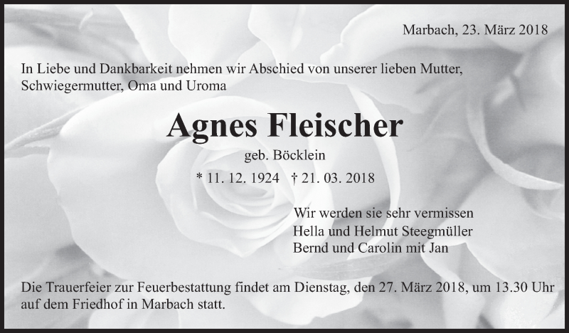  Traueranzeige für Agnes Fleischer vom 23.03.2018 aus Marbacher Zeitung