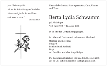 Traueranzeige von Berta Lydia Schwamm von Marbacher Zeitung