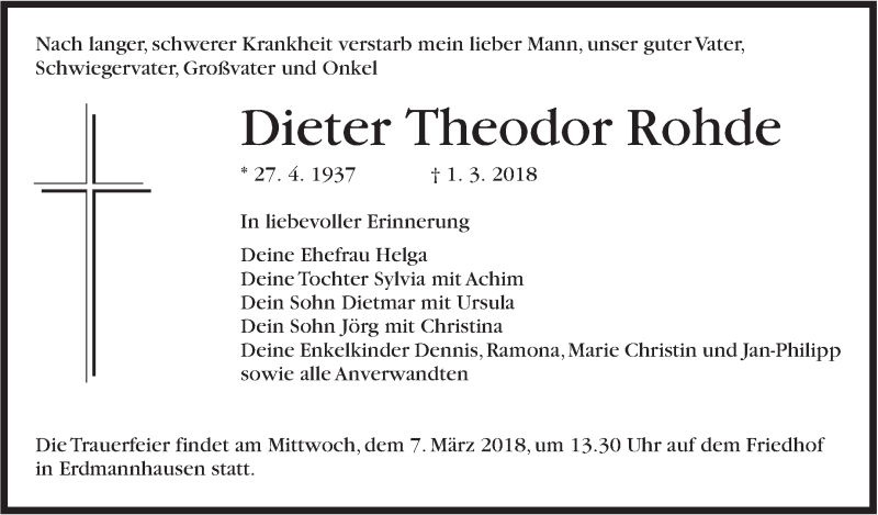  Traueranzeige für Dieter Theodor Rohde vom 03.03.2018 aus Marbacher Zeitung