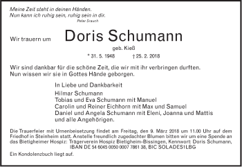 Traueranzeige von Doris Schumann von Marbacher Zeitung