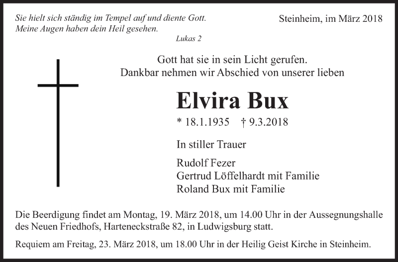  Traueranzeige für Elvira Bux vom 14.03.2018 aus Marbacher Zeitung