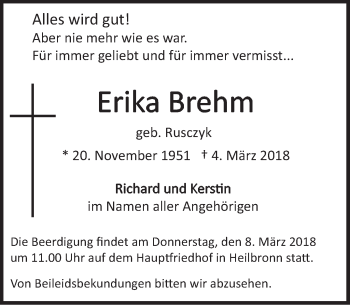 Traueranzeige von Erika Brehm von Marbacher Zeitung