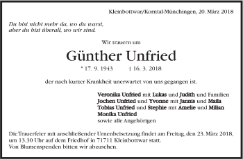 Traueranzeige von Günther Unfried von Marbacher Zeitung