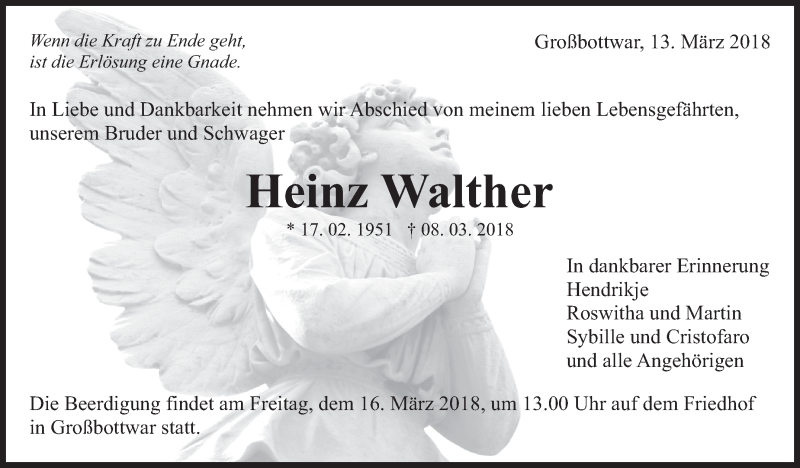  Traueranzeige für Heinz Walther vom 13.03.2018 aus Marbacher Zeitung