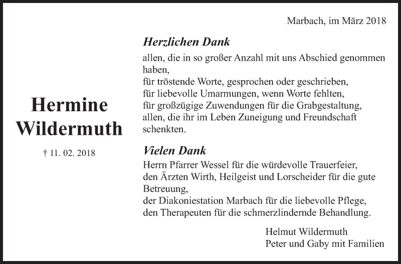  Traueranzeige für Hermine Wildermuth vom 10.03.2018 aus Marbacher Zeitung