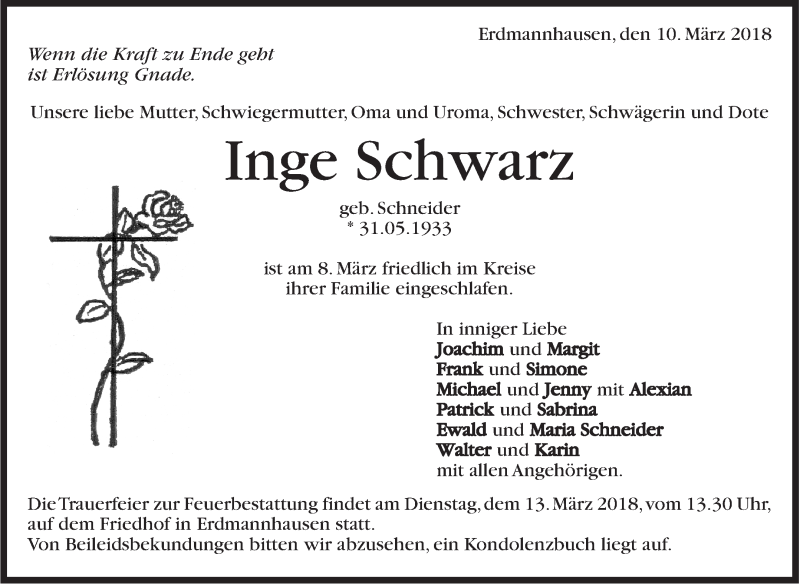  Traueranzeige für Inge Schwarz vom 10.03.2018 aus Marbacher Zeitung