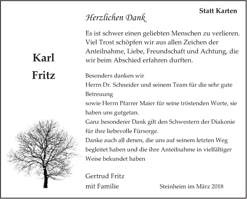  Traueranzeige für Karl Fritz vom 08.03.2018 aus Marbacher Zeitung