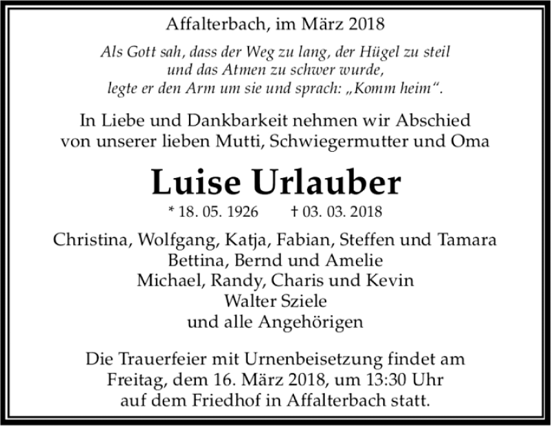  Traueranzeige für Luise Urlauber vom 10.03.2018 aus Marbacher Zeitung