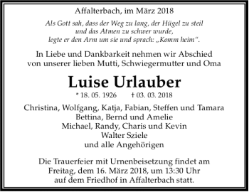Traueranzeige von Luise Urlauber von Marbacher Zeitung