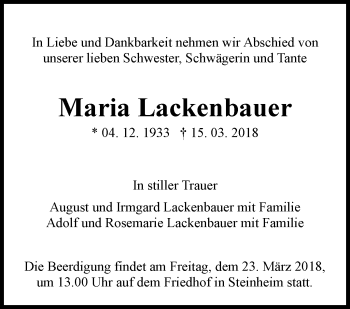 Traueranzeige von Maria Lackenbauer von Marbacher Zeitung