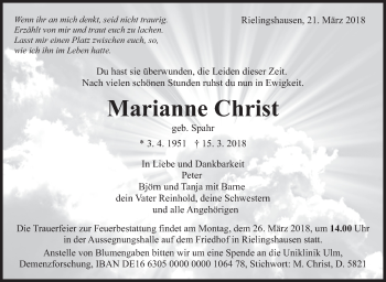 Traueranzeige von Marianne Christ von Marbacher Zeitung