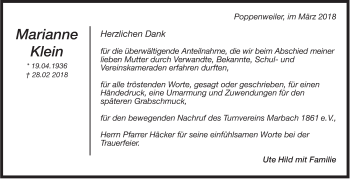 Traueranzeige von Marianne Klein von Marbacher Zeitung