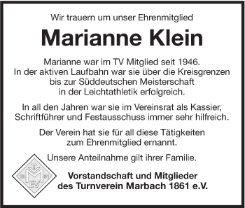 Traueranzeige von Marianne Klein von Marbacher Zeitung