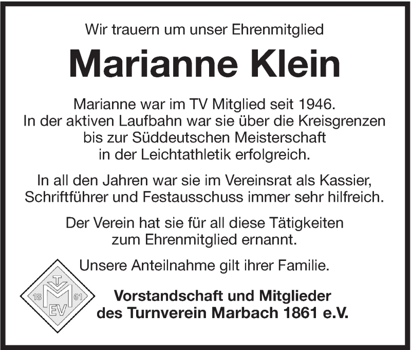  Traueranzeige für Marianne Klein vom 08.03.2018 aus Marbacher Zeitung
