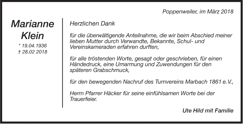  Traueranzeige für Marianne Klein vom 24.03.2018 aus Marbacher Zeitung
