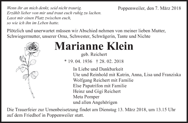  Traueranzeige für Marianne Klein vom 07.03.2018 aus Marbacher Zeitung