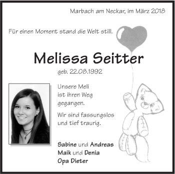 Traueranzeige von Melissa Seitter von Marbacher Zeitung
