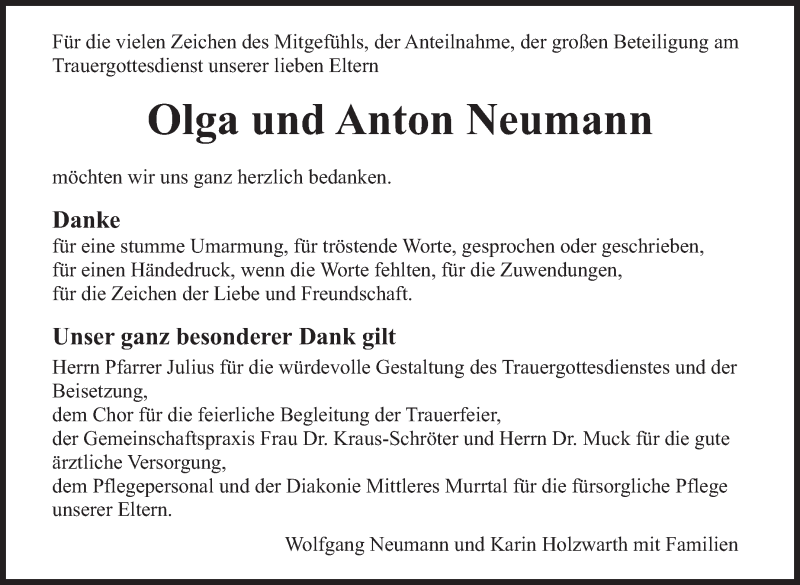  Traueranzeige für Olga und Anton Neumann vom 29.03.2018 aus Marbacher Zeitung