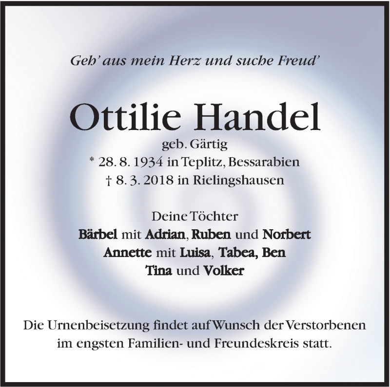  Traueranzeige für Ottilie Handel vom 16.03.2018 aus Marbacher Zeitung