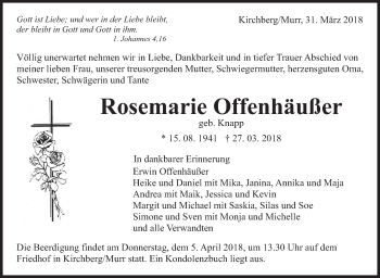 Traueranzeige von Rosemarie Offenhäußer von Marbacher Zeitung