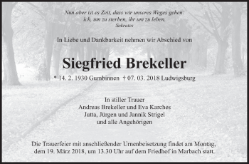 Traueranzeige von Siegfried Brekeller von Marbacher Zeitung