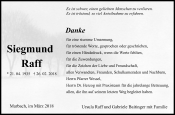 Traueranzeige von Siegmund Raff von Marbacher Zeitung