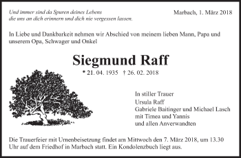 Traueranzeige von Siegmund Raff von Marbacher Zeitung