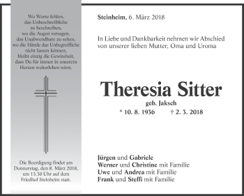 Traueranzeige von Teresia Sitter von Marbacher Zeitung