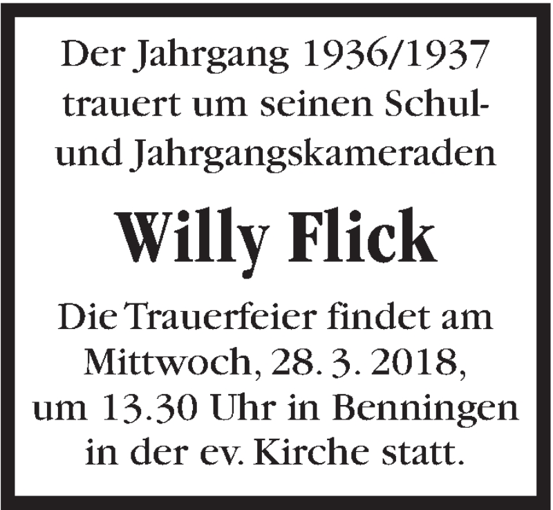  Traueranzeige für Willy Flick vom 27.03.2018 aus Marbacher Zeitung