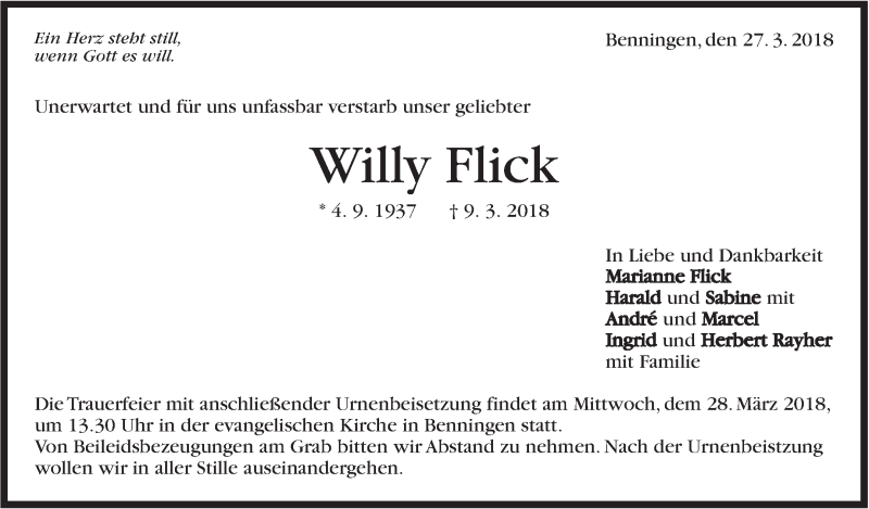  Traueranzeige für Willy Flick vom 27.03.2018 aus Marbacher Zeitung