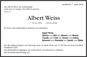 Traueranzeige von Albert Weiss von Marbacher Zeitung