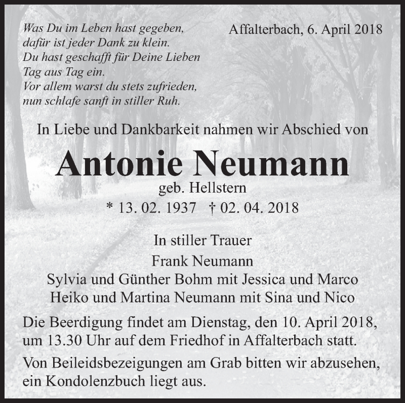  Traueranzeige für Antonie Neumann vom 06.04.2018 aus Marbacher Zeitung
