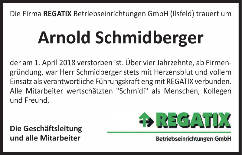  Traueranzeige für Arnold Schmidberger vom 13.04.2018 aus Marbacher Zeitung