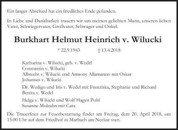 Traueranzeige von Burkhart  von Wilucki von Marbacher Zeitung