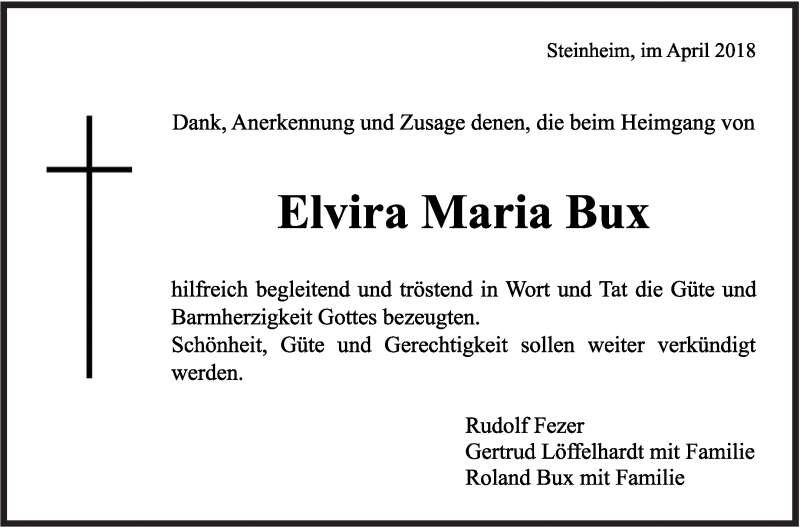  Traueranzeige für Elvira Maria Bux vom 07.04.2018 aus Marbacher Zeitung
