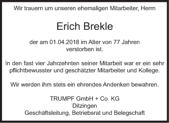 Traueranzeige von Erich Brekle von Marbacher Zeitung