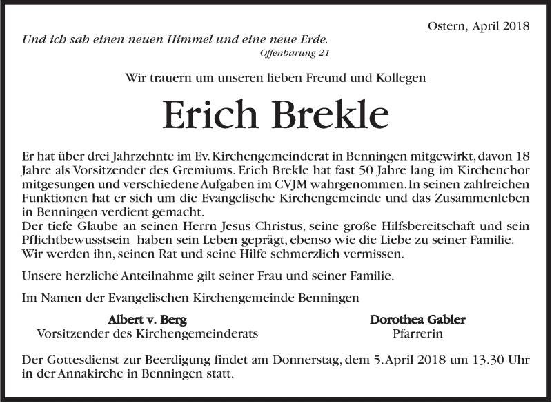  Traueranzeige für Erich Brekle vom 05.04.2018 aus Marbacher Zeitung