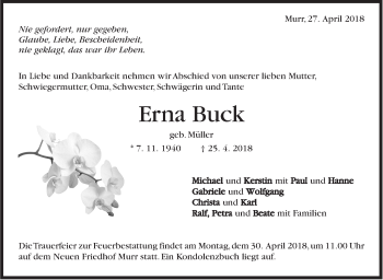 Traueranzeige von Erna Buck von Marbacher Zeitung