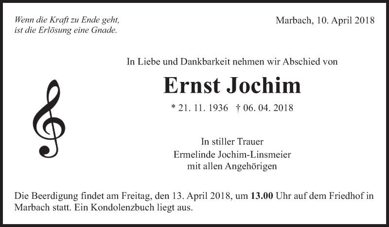  Traueranzeige für Ernst Jochim vom 10.04.2018 aus Marbacher Zeitung