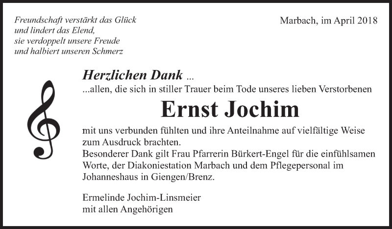  Traueranzeige für Ernst Jochim vom 28.04.2018 aus Marbacher Zeitung