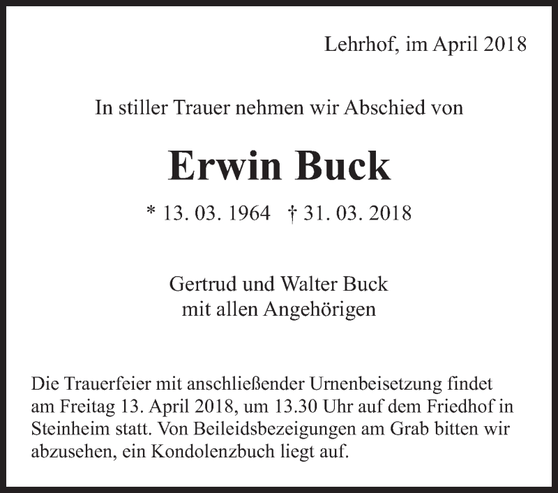  Traueranzeige für Erwin Buck vom 11.04.2018 aus Marbacher Zeitung